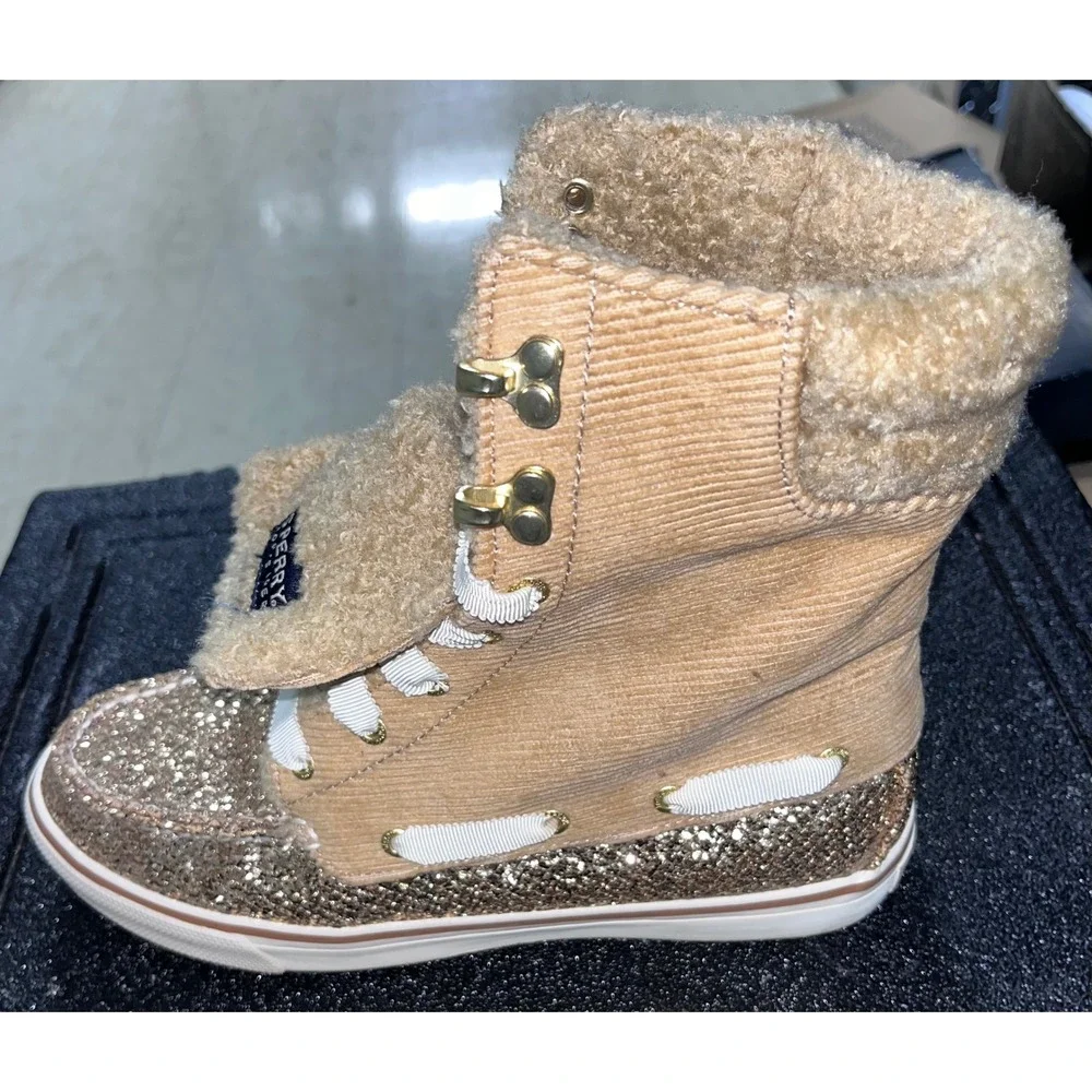 Sperry Top-Sider Acklins Gold Glitter Corduroy Faux Fur Boots Tan Womens 7M